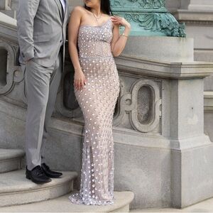 Elegant Nude Crystal Embellished Dress